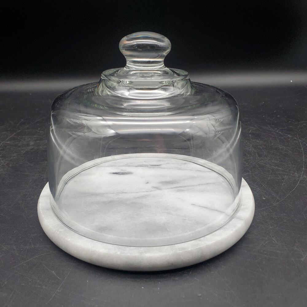 Vintage Marble Cheese Dome Glass Cloche Covered Serving Tray Dutch Garden
